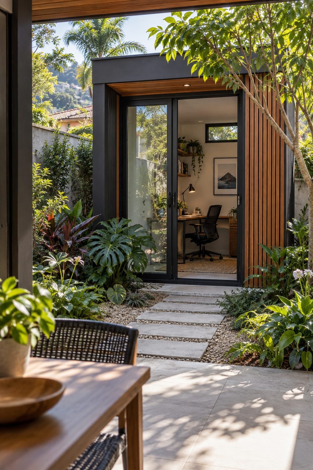 Imagem conceitual de acesso por caminho de jardim a um escritório modular